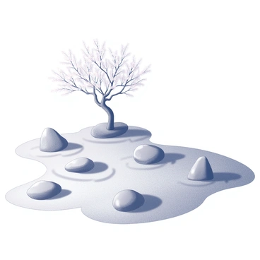 A zen garden featuring carefully arranged stones of various sizes and shapes, placed in a precise and harmonious pattern throughout the area. The stones are surrounded by meticulously raked sand, creating smooth lines and curves that enhance the sense of tranquility. In the center of the garden, there is a single cherry blossom tree with delicate branches adorned with blooming flowers. The tree's blossoms are in full bloom, creating a striking focal point amidst the simplicity of the stones and sand. The overall composition conveys a sense of peace and balance.