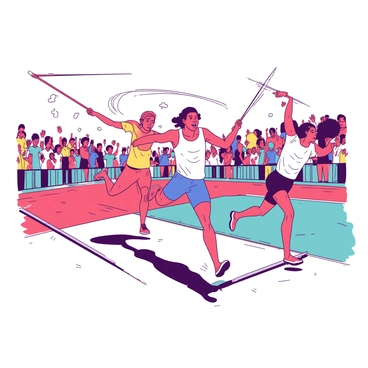 A dynamic scene featuring multiple athletes in a sports event, each athlete is in mid-action, showcasing their skills. One athlete is sprinting fiercely down the track, their focus evident in their intense expression. Another athlete is leaping over a hurdle, arms extended for balance. A third athlete is throwing a javelin with precision, body tense with effort. The background is filled with cheering spectators, hands raised in excitement. The athletes are wearing brightly colored uniforms, adding vibrant energy to the scene.