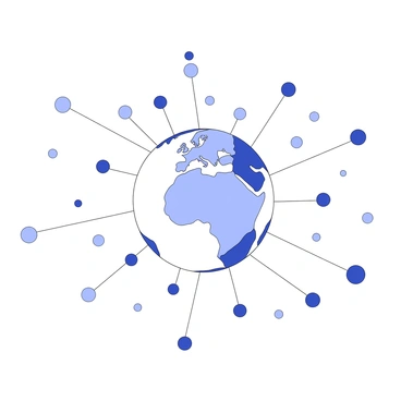 A globe is positioned centrally in the image. Numerous lines extend outward from various points on the globe, connecting to a series of nodes scattered around its surface. Each node has a distinct size and shape, creating a dynamic network. The lines vary in thickness, suggesting differing strengths of connection. Some lines curve gracefully while others extend in straight paths, forming a complex web of connections. The overall scene depicts a vibrant network of digital connections radiating from the globe.