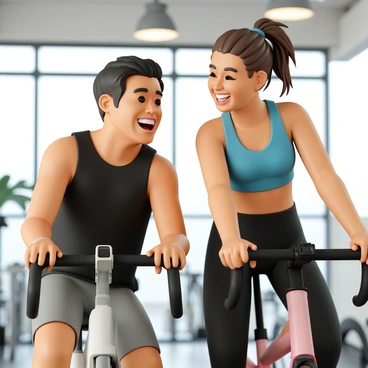 Two friends, a man and a woman, are sitting on their stationary bikes inside a modern indoor cycling studio. The man has dark hair and is wearing a black tank top and gray shorts. He is leaning slightly forward with a big smile, showing his teeth while laughing. The woman has long brown hair tied in a ponytail and is wearing a bright blue sports bra and black leggings. She is turned towards him, her hands resting on the handlebars, and is also smiling widely. The studio has bright lighting, and the atmosphere feels energetic, with other bikes visible in the background. Both friends are still slightly sweating from the workout while enjoying their conversation.