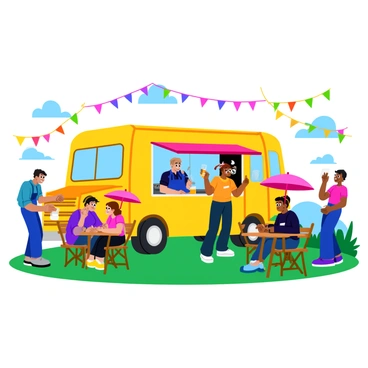 A colorful food truck with vibrant artwork on the side serves craft beers at a lively outdoor festival. The truck is parked on a grassy area, surrounded by cheerful festival-goers enjoying the atmosphere. A cheerful bartender stands at the counter, pouring beer into plastic cups. Tables with bright umbrellas are scattered around, where groups of friends are seated, chatting and laughing. Colorful string lights hang above, adding to the festive mood as a band plays lively music in the background.