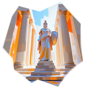 A grand statue of "Athena" standing proudly in the center of an ancient temple. The statue is depicted wearing a detailed helmet and a flowing robe, showcasing intricate patterns and textures. Her right hand is raised, holding a shield adorned with a distinctive emblem. The temple around her features tall marble columns that rise majestically, with beautifully carved details. Sunlight filters through the open entrance, casting soft shadows on the stone floor. The interior is adorned with faded frescoes on the walls, depicting scenes of ancient battles and gods.