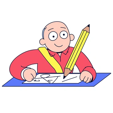 A cartoon character with a cheerful expression is sitting at a table. The character has large, round eyes and wears a bright red shirt. In its hand, it holds a giant yellow pencil that is comically oversized. The character is leaning over a large notepad, which is white with a blue border. The notepad has a few visible sketches of simple shapes and lines. The background is empty to emphasize the character and the drawing activity.