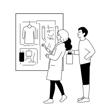 Two individuals standing side by side outside a boutique, looking intently at a display window. One individual is a woman with wavy hair, wearing a fashionable coat and holding a shopping bag. The other individual is a man with short hair, dressed in a stylish sweater and jeans. They both have expressions of delight as they admire the elegant items showcased in the window. The boutique's window features a variety of clothing and accessories, creating an inviting scene.