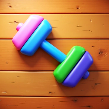 A jigsaw puzzle piece shaped like a dumbbell. The piece has a glossy finish and features vibrant colors that stand out against the surface. It is positioned on a rustic wooden table, showcasing the grain and texture of the wood, with warm tones that enhance the overall composition. The table has subtle scratches and imperfections, adding character to the scene. The lighting is soft, casting gentle shadows that highlight the contours of the puzzle piece.