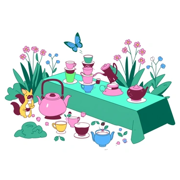 A duotone illustration features a vibrant garden setting with lush green grass and blooming flowers. In the center, there is a long table draped with a teal tablecloth, adorned with various eclectic teapots in different shapes and sizes. Colorful cups are scattered across the table, some stacked on top of each other, while others are filled with tea. Playful animals, including a pink rabbit wearing a tiny hat and a yellow squirrel holding a cup, are gathered around the table, engaging with the teapots and cups. Nearby, a blue butterfly flutters above the scene, adding a sense of liveliness to the whimsical tea party atmosphere.