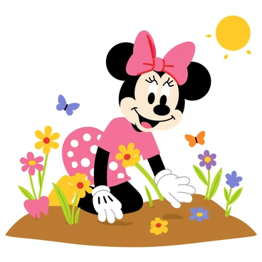Minnie Mouse is kneeling in a vibrant garden, surrounded by colorful flowers in shades of pink, yellow, and purple. She wears her signature polka dot dress and oversized bow while gently planting flowers into the rich brown soil. Several butterflies in various colors such as orange, blue, and yellow are fluttering around her, adding liveliness to the scene. A bright sun shines above, casting cheerful light on the garden and highlighting Minnie's joyful expression as she works on her gardening.