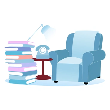 A stack of books with colorful spines is placed next to a vintage telephone with a rotary dial. The books are arranged haphazardly, some leaning against each other while others stand upright. The reading nook features a plush armchair upholstered in soft fabric, positioned near a small wooden side table that supports the telephone. A warm throw blanket is draped over the armchair, adding to the cozy atmosphere. The setting is illuminated by a gentle light, creating a peaceful environment for reading.