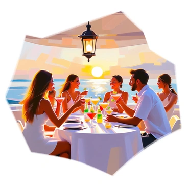 A group of passengers on a yacht's upper deck are enjoying drinks during cocktail hour. The scene features a variety of individuals, including a woman with long, flowing hair in a stylish summer dress and a man in a light linen shirt, both holding colorful cocktails with garnishes. They are seated around elegant tables adorned with white tablecloths and decorative centerpieces. The sun is setting in the background, casting a warm glow over the gathering, while the gentle waves of the ocean can be seen in the distance. Some guests are laughing and conversing, creating a lively atmosphere. A few elegant lanterns are hung above, adding to the ambiance of the evening.