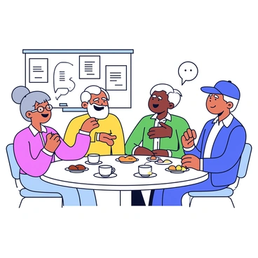 A group of four seniors is seated around a round table at a community center. Each senior has a joyful expression as they share stories. One senior, a woman with gray hair in a bun, is animatedly speaking, her hands gesturing expressively. Next to her, an elderly man with a white beard listens attentively, leaning slightly forward. Across the table, a woman with glasses is smiling warmly, while a man with a baseball cap nods in agreement. The table is cluttered with cups of tea and pastries, and a bulletin board with community announcements is visible in the background.