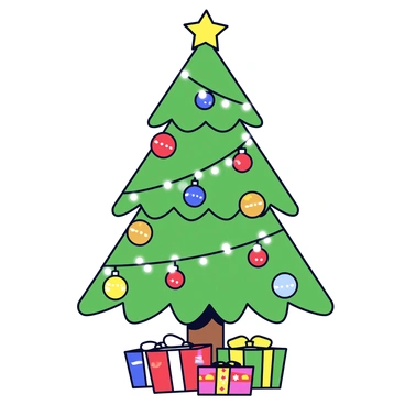 A Christmas tree with a tall, triangular shape, fully adorned with a variety of colorful ornaments in red, gold, blue, and green. The tree is draped with string lights that twinkle with bright white and multicolored hues. At the top of the tree is a shiny star ornament. The base of the tree is surrounded by presents wrapped in festive paper.