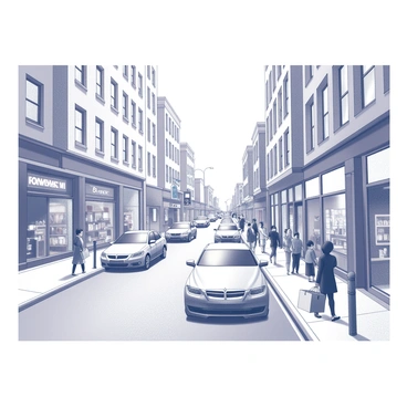 A busy urban street scene filled with various people walking along the sidewalks. Some individuals are carrying shopping bags while engaging in conversation. There are multiple cars parked along the street and a few in motion, showcasing different sizes and styles. Storefronts line the road, displaying large glass windows with various items for sale. The buildings are tall, showcasing a range of architectural styles, and there are streetlights and traffic signs visible throughout the scene.
