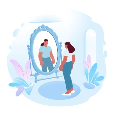 A person stands in front of a large, ornate mirror. The mirror's surface reflects an alternate version of the person, showcasing a different style of clothing and hair. The room is softly illuminated, with subtle light casting gentle shadows. The person appears to be deeply focused, their posture reflecting curiosity, while the alternate version seems to exude confidence. Around the mirror, there are decorative elements like plants and a soft rug on the floor, adding warmth to the scene. A glowing light source is placed above, enhancing the overall ambiance.