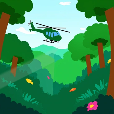 A green military chopper is flying overhead, positioned at a slight angle as it hovers above a dense, lush jungle. The chopper's rotor blades are spinning rapidly, creating a slight blur. Below, the jungle is filled with a variety of tall trees with thick trunks and vibrant green foliage. Rays of sunlight filter through the canopy, creating patches of light and shadow on the forest floor. In the distance, hints of colorful flowers and exotic plants can be seen among the dense vegetation. The atmosphere conveys a sense of adventure and exploration.