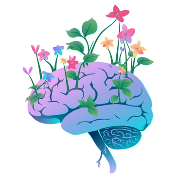 A garden growing from an open brain, with colorful flowers and small trees