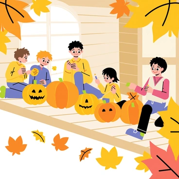 A wooden porch with children sitting on it, focused on carving pumpkins. The children are using small carving tools, and there are several orange pumpkins, some with faces already carved into them. Various shapes of autumn leaves, in shades of yellow, orange, and brown, are scattered around the porch. A backdrop of a cozy house is visible, and the sunlight casts warm shadows on the scene.