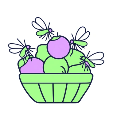 A basket is filled with a single fruit at its center. Surrounding the fruit, there is a cluster of Drosophila, with their distinctive bodies and wings visible. The fruit is partially ripe, displaying its texture and surface details. The Drosophila are variously oriented, some perched on the fruit while others are in mid-flight, creating a dynamic sense of movement. The basket itself is woven, showcasing the details of the wicker pattern.