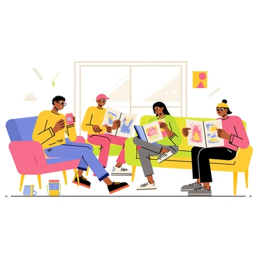 A cozy lounge area with a warm color palette featuring comfortable seating arrangements. Several artists are scattered around, engaged in casual conversation and enjoying their break. Each artist holds a colorful coffee mug, some with whimsical designs. Art books are open on their laps and tables, displaying vibrant illustrations and sketches. A window allows soft light to flood the space, highlighting the creativity around. A few scattered art supplies, such as brushes and sketchpads, add to the atmosphere of artistic inspiration.