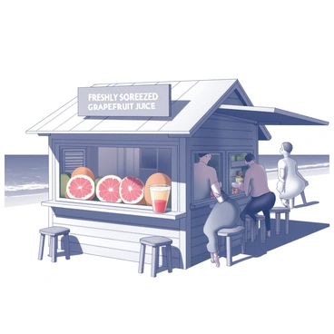A seaside shack with wooden walls and a thatched roof. The shack has a large open window displaying fresh grapefruits and a wooden countertop where the juice is being prepared. A clear view of the ocean is visible in the background, with gentle waves lapping at the shore. People can be seen enjoying the refreshing drink, with some sitting on wooden stools outside the shack. Bright sunlight casts shadows, enhancing the vibrant atmosphere of the coastal scene. The sign above the shack reads "Freshly Squeezed Grapefruit Juice."
