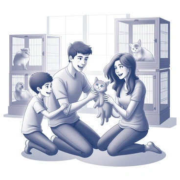 A family is gathered in an animal shelter, showing expressions of happiness and excitement. The parents are kneeling, interacting with a small cat that has soft fur and bright eyes, gently cradling it in their arms. The children, a boy and a girl, are looking on with wide smiles, one child reaching out a hand to touch the cat's head. The shelter's interior features a variety of pet cages in the background, each containing other animals waiting for adoption. Sunlight streams through the windows, illuminating the joyful scene.