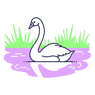 A swan is gracefully floating on a calm lake. The swan has a long neck and elegant body, depicted with distinct features like its curved beak and delicate feathers. The water reflects the swan's image, creating a symmetrical effect. Surrounding the swan, there are soft ripples indicating movement. In the background, there are tall grasses and a few distant trees framing the scene. The overall composition showcases the beauty of the swan in its natural habitat.