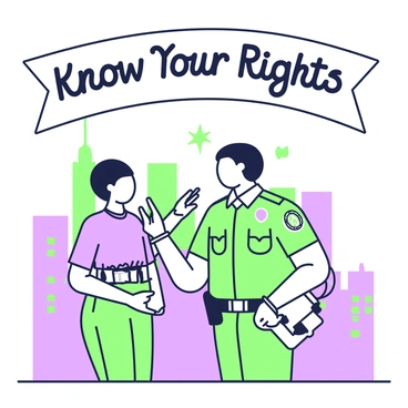 A police officer in a uniform is standing next to an individual who appears to be in handcuffs, indicating an arrest. The officer has a stern expression and is holding a notepad in one hand while pointing to the individual with the other hand. The background features a cityscape with tall buildings, suggesting an urban setting. Above this scene, there is a banner prominently displaying the text "Know Your Rights". The banner is curved, and its edges have a distinct outline.