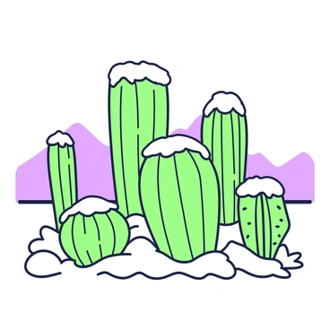 A landscape featuring several cacti covered with a light layer of snow. The cacti have varied shapes and sizes, with tall saguaro cacti standing upright and shorter barrel cacti positioned nearby. The snow appears delicately settled on their spines, creating a contrast with the rugged texture of the cactus bodies. The ground is a mix of sand and patches of snow, indicating the desert environment. In the background, distant mountains are visible under a clear sky.