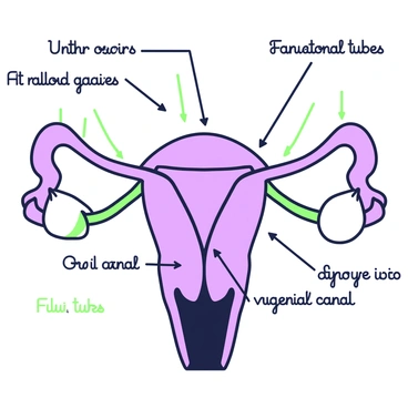 An anatomical illustration of the female reproductive system is displayed. The image includes detailed outlines of various organs such as the uterus, ovaries, fallopian tubes, and vagina. Each part is clearly labeled with annotations written in a readable font. The uterus is centrally positioned, with the fallopian tubes extending horizontally on either side. The ovaries are depicted as small oval shapes located at the ends of the fallopian tubes. The vaginal canal is illustrated at the bottom. Accompanying the anatomy, there are small arrows pointing to each labeled part with brief descriptions. The overall arrangement is structured, making it easy to identify and understand each component.