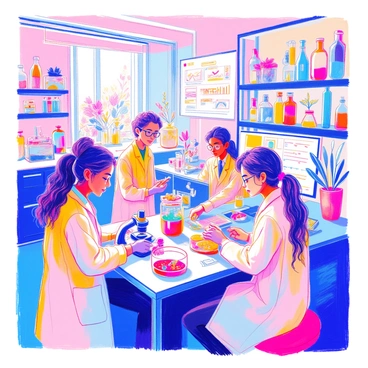 A bustling genetic engineering laboratory features a bright, well-lit environment filled with high-tech equipment. Several diverse scientists of different ethnicities are actively engaged in their work. One scientist, a woman with curly hair, is examining samples under a microscope. Another scientist, a man with glasses, is working on a computer, analyzing genetic sequences. A third scientist, a woman wearing a lab coat, is carefully handling a petri dish filled with vibrant growths. Around them, shelves are lined with various scientific tools and colorful reagents, while large screens display data and images related to their experiments.