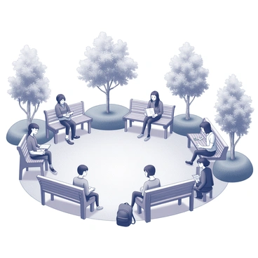 A school courtyard with several benches arranged around a central area. There are students sitting on the benches, some reading books while others are engaged in conversation. The environment is filled with greenery, including trees and shrubs that provide shade. The students are diverse in appearance, showcasing different hairstyles and clothing styles. A few backpacks are placed on the ground near the benches, and some books are scattered around. The setting suggests a relaxed atmosphere conducive to learning and socializing.