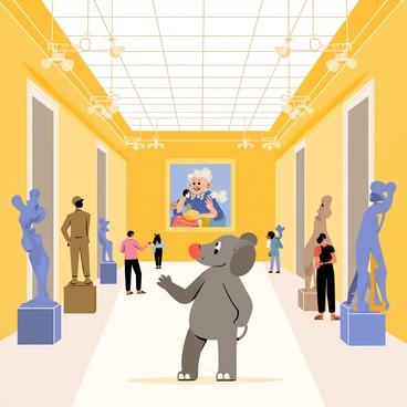 Babar, the elephant, stands in the middle of a grand museum. He has a thoughtful expression as he admires a large painting on the wall, which features vibrant colors and intricate details. Surrounding him are several sculptures made of marble and bronze, showcasing various forms and poses. The high ceilings of the museum are adorned with elegant chandeliers, casting a warm glow over the scene. The floor is polished and reflects the art above. Various visitors can be seen in the background, also engaging with the artwork.