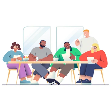 A group of five actors is seated around a wooden table, each holding a copy of a movie script. The first actor, a woman with curly brown hair, is animatedly discussing her lines, wearing a light blue blouse. Next to her, a man with short black hair, dressed in a gray t-shirt, is listening intently while jotting down notes in a small notebook. Across from them, a tall man with a beard is gesturing with his hands, wearing a green jacket and glasses. The fourth actor, a woman with straight blonde hair, is leaning forward with a thoughtful expression, dressed in a bright red sweater. The last actor, a young man with a buzz cut, is pointing at a particular line in his script, dressed in a casual white shirt. A mug filled with coffee sits in the center of the table alongside a small bowl of snacks. Natural light streams in through a nearby window, highlighting the engaged expressions on the actors' faces.