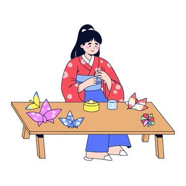 A geisha with long black hair styled in a traditional manner is sitting gracefully at a low wooden table. She is wearing a vibrant red kimono adorned with intricate floral patterns. Her hands are skillfully folding a piece of colorful origami paper, meticulously crafting a delicate crane. Surrounding her on the table are several finished origami figures, including butterflies and flowers, each displaying a variety of vibrant colors. The setting is peaceful, with a simple tea set placed beside her on the table.