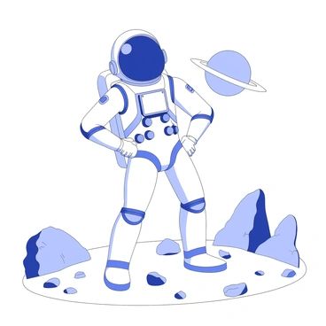 An astronaut stands confidently on the surface of a distant planet. The space suit features a sleek and modern design with various panels and textures. The helmet is dome-shaped, reflecting the vastness of the planetary landscape. The astronaut strikes a dynamic pose, with one hand on their hip and the other raised in a gesture of exploration. The terrain around them is rocky, consisting of unusual formations and scattered boulders. In the background, a large celestial body looms in the sky, adding to the alien atmosphere of the scene.