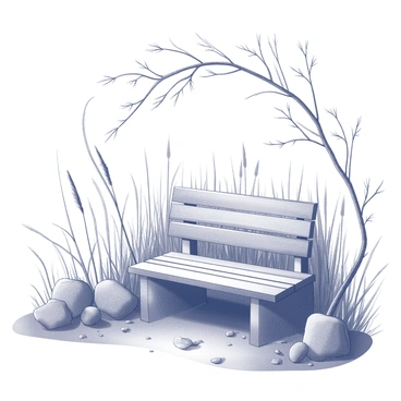 A secluded nook in a secret garden. It features a simple wooden sitting bench, positioned against a backdrop of tall, dry flora. The flora includes scattered twigs and wispy grasses that frame the bench. Above, there are overhead branches partially shading the area, creating a sense of enclosure. The ground is littered with fallen leaves and small stones, adding texture to the scene. The overall setting suggests a tranquil retreat, inviting someone to sit and enjoy the surrounding natural elements.