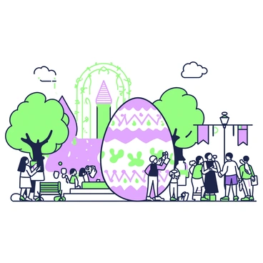 A public square is bustling with activity, centered around a giant decorated Easter egg. The egg is ornately designed, featuring intricate patterns and vibrant designs. Surrounding the egg, people are gathered, some taking photos while others admire the craftsmanship. Nearby, there are colorful banners and trees with green leaves, adding to the festive atmosphere. In the background, a fountain with flowing water complements the scene, while a few benches provide places for visitors to sit and enjoy the spectacle.