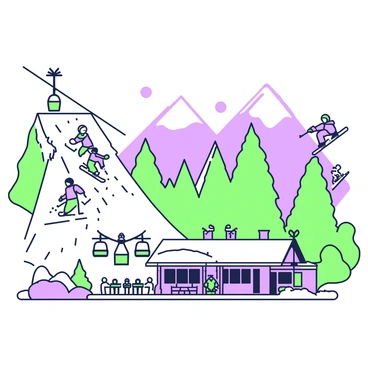 Aerial view of a ski resort bustling with activity. The image captures several skiers gliding down snowy slopes. On the left, a group of four skiers is seen navigating down a steep incline, with snow spraying up around their skis. To the right, there are two snowboarders performing tricks, one mid-air with an outstretched arm. In the foreground, a ski lift with several chairs is transporting guests up the mountain, while below a cozy lodge is visible, adorned with people gathered on a deck enjoying warm drinks. The landscape features tall snow-covered trees framing the scene, and in the distance, majestic mountain peaks rise against the clear sky.