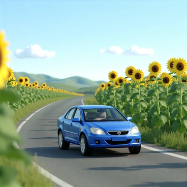 A blue Tata car is driving along a peaceful countryside road. The road is bordered by tall sunflowers that stand brightly against a clear sky. The sunflowers have large yellow petals and green leaves, swaying gently in a light breeze. In the distance, rolling hills provide a scenic backdrop, and a few fluffy white clouds dot the sky. The car is moving at a moderate speed, and the scene captures the essence of a serene outdoor setting.
