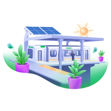 A modern pastel illustration of a metro station designed with clean lines and a contemporary aesthetic. Surrounding the station are vibrant green plants in decorative pots, adding a touch of nature to the urban setting. Above the station, solar panels glisten in the sunlight, demonstrating the commitment to sustainable energy. On the platform, commuters can be seen waiting for the train, reflecting the theme of sustainable travel. The overall scene conveys a harmonious blend of nature and modern transportation.