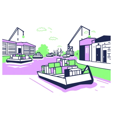 A series of barges are moving along an industrial canal. Each barge is loaded with various goods, such as containers and pallets. The canal is bordered by large warehouses made of brick and metal, featuring loading docks and large doors. In the background, a few cranes are positioned alongside the canal, ready to lift cargo. The water in the canal reflects the structures on either side, creating a sense of depth and activity in the scene. The sky above is clear, indicating a bright day.