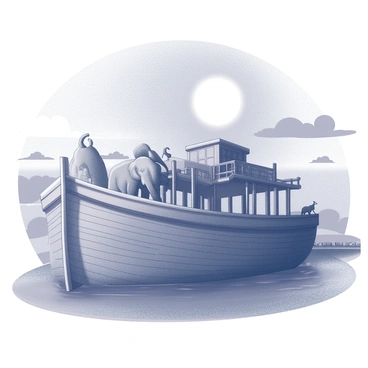 A large wooden ark is floating on calm waters, its hull showing intricate details of craftsmanship. The structure features multiple levels, with animals visible on the deck, including pairs of elephants, lions, and birds sitting side by side. Above the ark, a full moon illuminates the night sky, casting a soft light over the scene. The moon is surrounded by scattered clouds, and the waters reflect the moonlight, creating a shimmering effect. The background includes a distant shoreline, adding depth to the tranquil setting.