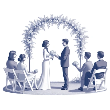 A couple stands facing each other in a small garden, surrounded by blooming flowers and lush greenery. The groom is dressed in a classic suit, and the bride wears a delicate white gown. An arch adorned with floral arrangements frames them as they exchange vows. The guests, seated on white chairs, watch attentively, some holding small bouquets. Soft sunlight filters through the leaves of nearby trees, casting gentle shadows on the ground. A sense of love and commitment fills the air as the couple shares their special moment.