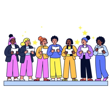 A diverse choir standing together on a stage, showcasing individuals of various ethnicities and backgrounds. Each choir member is dressed in distinct, colorful outfits that represent their heritage. They are facing the audience with joyful expressions. The stage is lit with soft, warm lighting that highlights their unity and emotion. Each member holds a sheet of music in their hands as they sing harmoniously.