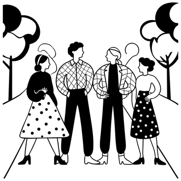 A group of friends standing together on a sidewalk, each dressed in mid-century mod fashion featuring distinct bold patterns. One friend is wearing a geometric patterned dress, while another sports a checkered blazer. A third friend is in a striped shirt paired with high-waisted trousers. The fourth is showcasing a polka dot skirt with a fitted top. They are engaged in conversation, with varied accessories like scarves and hats completing their outfits. Trees line the sidewalk in the background, providing a sense of environment.