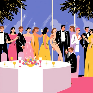 A gathering of guests dressed in elegant "Chanel attire" at an evening event. The guests are wearing sophisticated dresses and tailored suits, showcasing a variety of classic styles and colors. The setting includes a lavish banquet table adorned with sparkling candlelight and exquisite floral arrangements. Mingle areas feature plush seating and delicate decorations, creating an atmosphere of luxury and refinement. The evening sky outside is a deep blue, hinting at the transition from day to night.