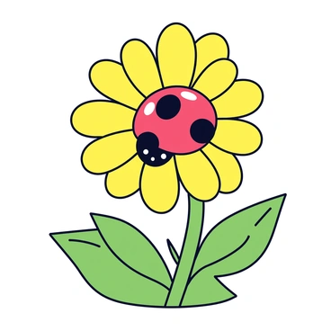 A ladybug with shiny red wings and black spots is crawling on a bright yellow calendula flower. The flower has vibrant petals that are delicately arranged in a circular pattern. The garden setting features green leaves surrounding the flower, and the sunlight creates a warm glow on the petals and the ladybug.