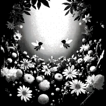 A grove is filled with numerous flowers of various shapes and sizes. In the center, several small faeries with delicate wings are dancing gracefully among the blooms. Their wings are intricately patterned, creating an ethereal appearance as they flutter. The faeries are surrounded by vibrant petals and lush greenery, adding to the lively atmosphere of the scene. Light filters through the leaves above, casting a soft glow on the faeries and flowers.