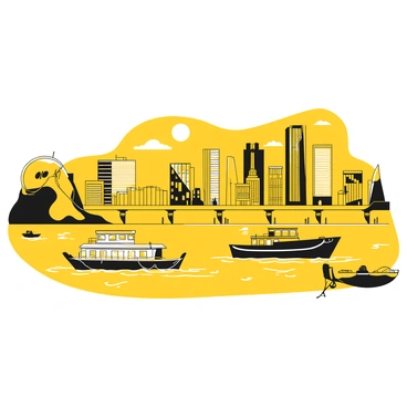 A row of barges with distinct shapes and features floating on a wide river. The barges are intricately detailed, each with unique designs and patterns. The river is alive with rippling water reflecting the shapes of the vessels. In the background, a city skyline rises, with tall buildings of various heights and styles juxtaposed against the sky. The scene captures an active atmosphere, with small boats and people along the riverbank, adding to the sense of movement and liveliness.