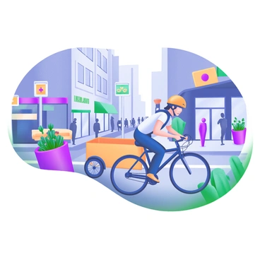 A modern pastel illustration depicting a cyclist on a cargo bike. The cyclist, wearing a bright helmet and casual clothing, skillfully weaves through a bustling city street filled with pedestrians and various vehicles. Surrounding the cyclist are tall buildings with colorful storefronts and greenery peeking from planters along the sidewalks. In the background, a few traffic signs and bicycles are visible, adding to the lively urban atmosphere. The scene captures a vibrant city life full of movement and energy.