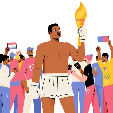 A young Muhammad Ali with a determined expression is holding the "Olympic torch" high in his right hand. He wears a classic boxing outfit, featuring white trunks and gloves. Around him, a diverse crowd of spectators is cheering, displaying excitement and support. The spectators include men and women of various ethnicities, some waving flags, while others are clapping and shouting. The scene is filled with a vibrant atmosphere, showcasing the energy and spirit of the Olympic Games.